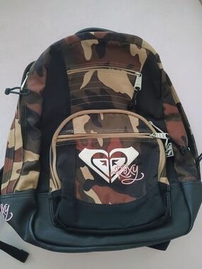 Roxy Camo Backpack With Roxy Logo- Brown, Tan & Black
